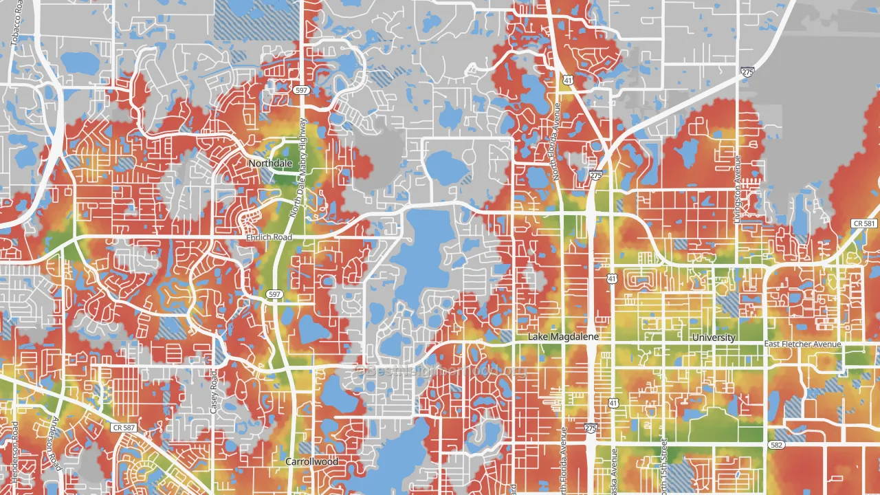 Walk Grade map of Lake Magdalene, FL, walkable areas in green and car-dependent areas in red