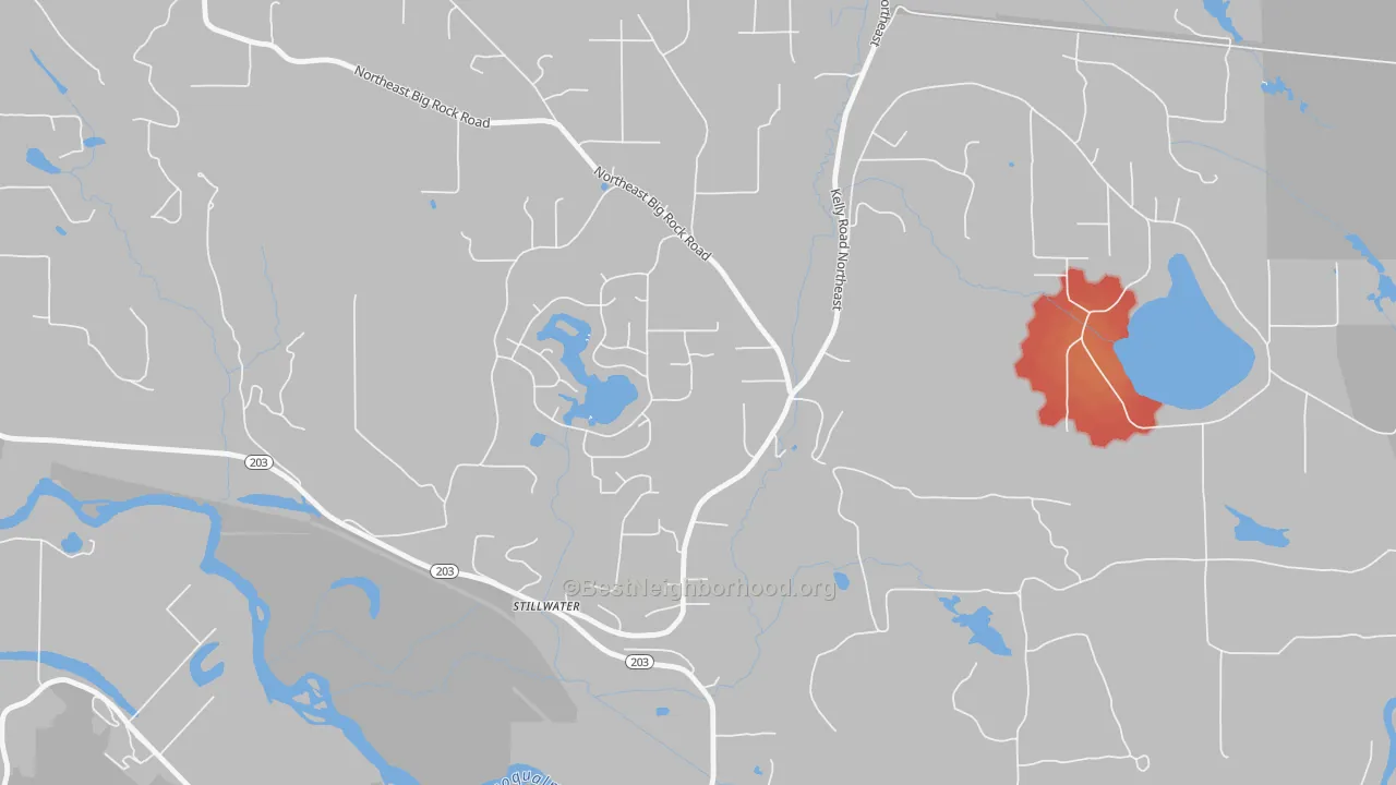 Walk Grade map of Lake Marcel-Stillwater, WA, walkable areas in green and car-dependent areas in red