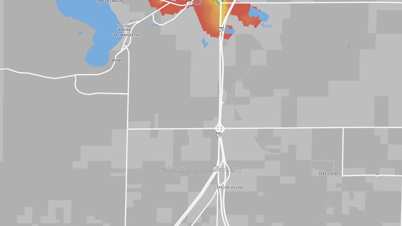 Walk Grade map of Lake Margrethe, MI, walkable areas in green and car-dependent areas in red