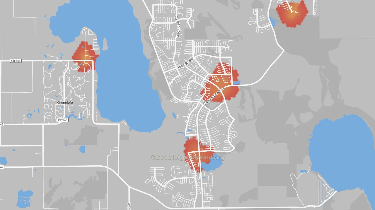Walk Grade map of Lake Marion Village, Poinciana, FL, walkable areas in green and car-dependent areas in red