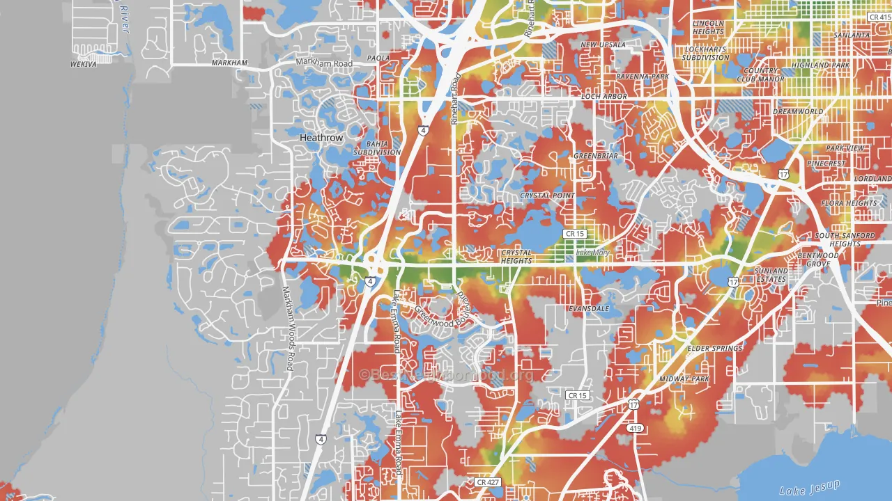 Walk Grade map of Lake Mary, FL, walkable areas in green and car-dependent areas in red