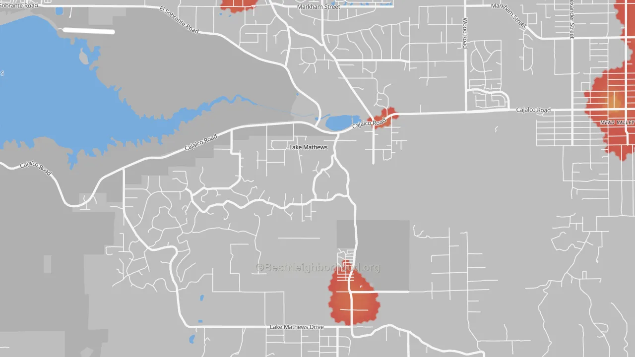 Walk Grade map of Lake Mathews, CA, walkable areas in green and car-dependent areas in red
