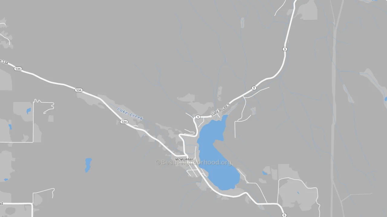 Walk Grade map of Lake McMurray, WA, walkable areas in green and car-dependent areas in red