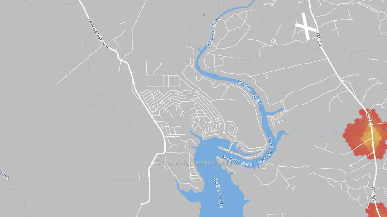 Walk Grade map of Lake Medina Shores, TX, walkable areas in green and car-dependent areas in red