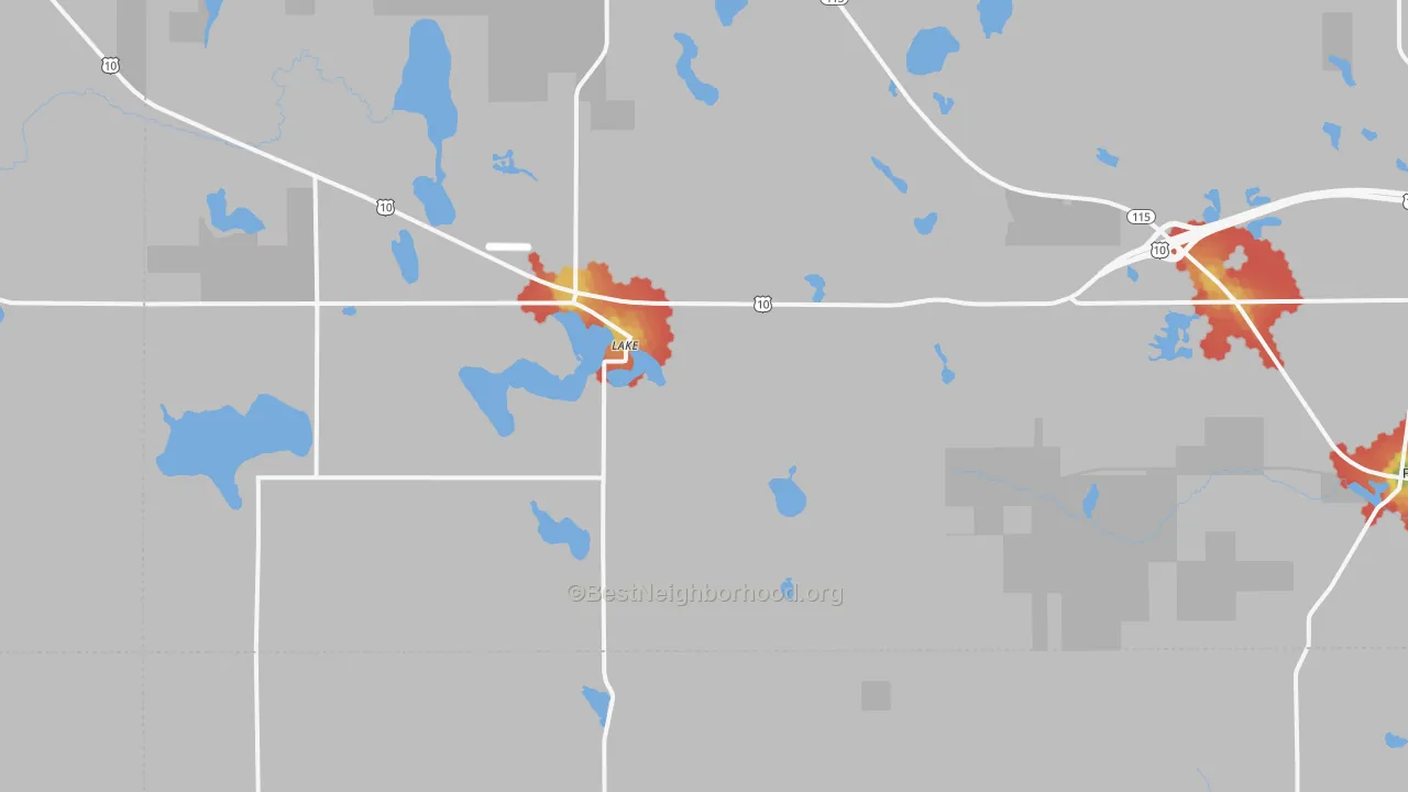 Walk Grade map of Lake, MI, walkable areas in green and car-dependent areas in red