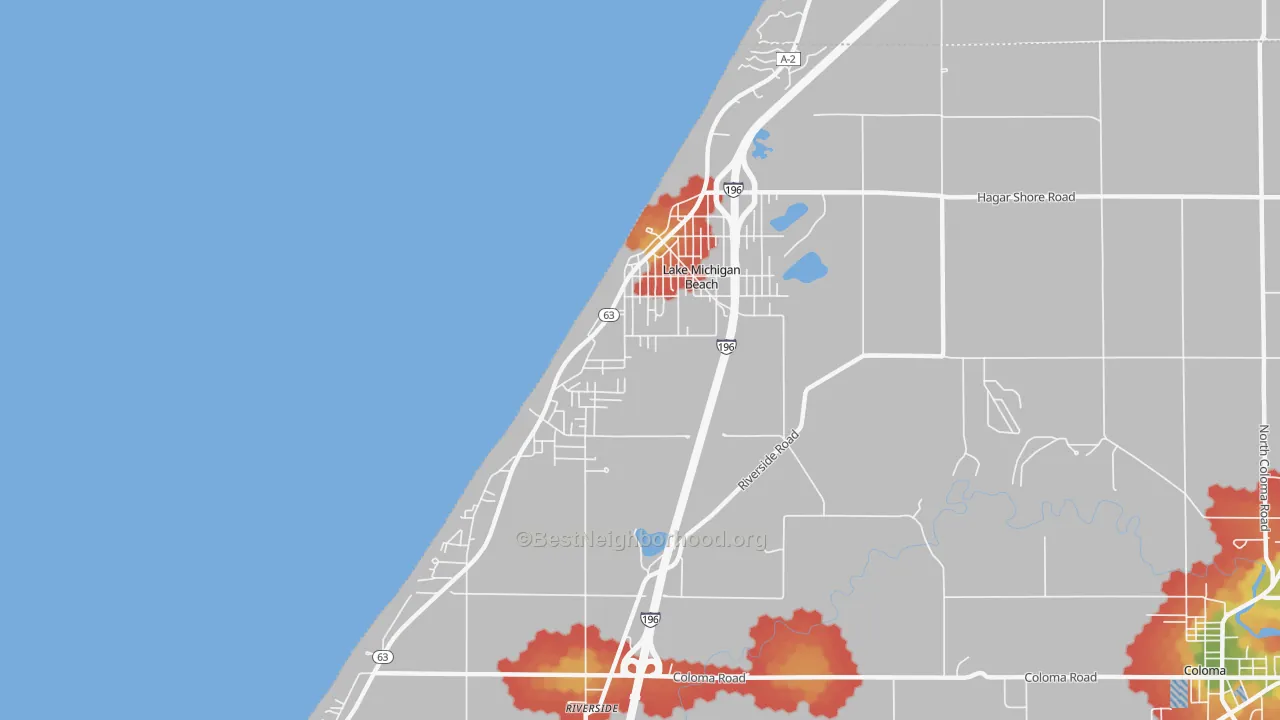 Walk Grade map of Lake Michigan Beach, MI, walkable areas in green and car-dependent areas in red