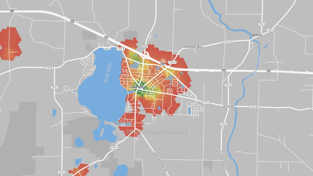 Walk Grade map of Lake Mills, WI, walkable areas in green and car-dependent areas in red