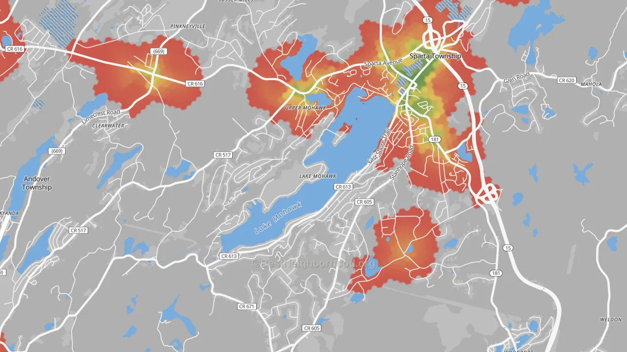 Walk Grade map of Lake Mohawk, NJ, walkable areas in green and car-dependent areas in red