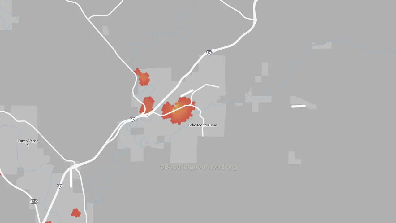 Walk Grade map of Lake Montezuma, AZ, walkable areas in green and car-dependent areas in red