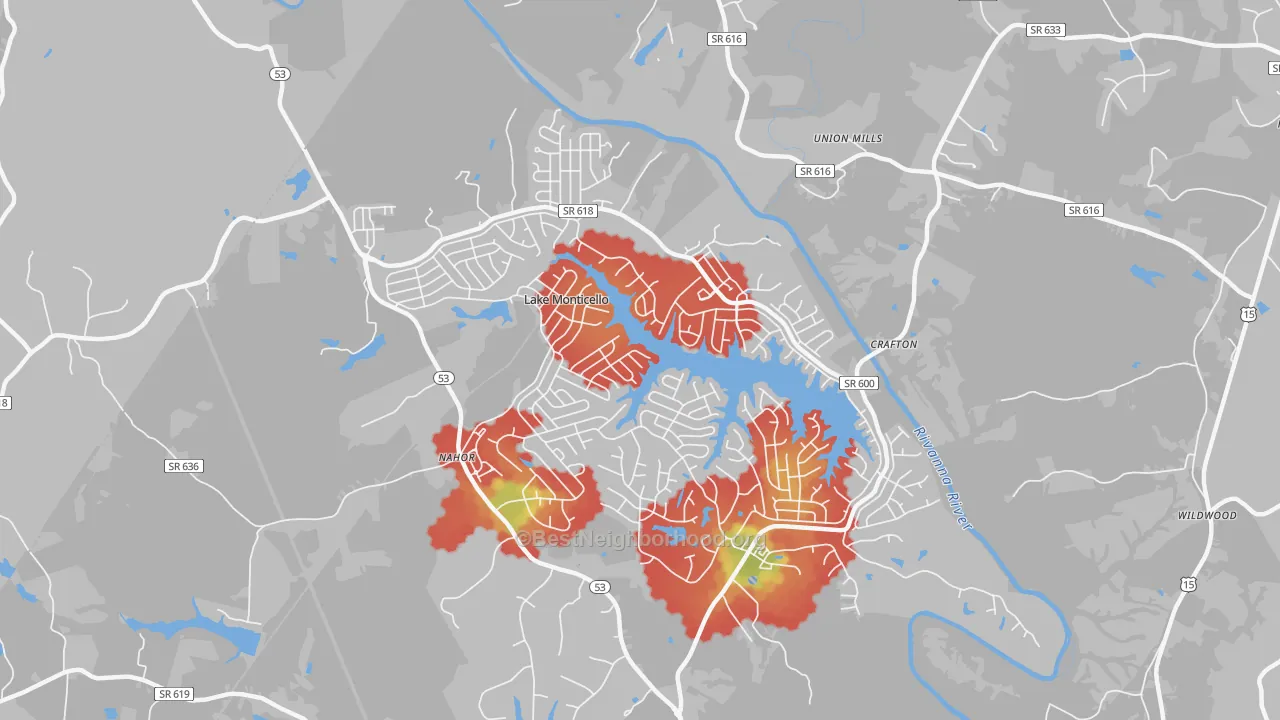 Walk Grade map of Lake Monticello, VA, walkable areas in green and car-dependent areas in red