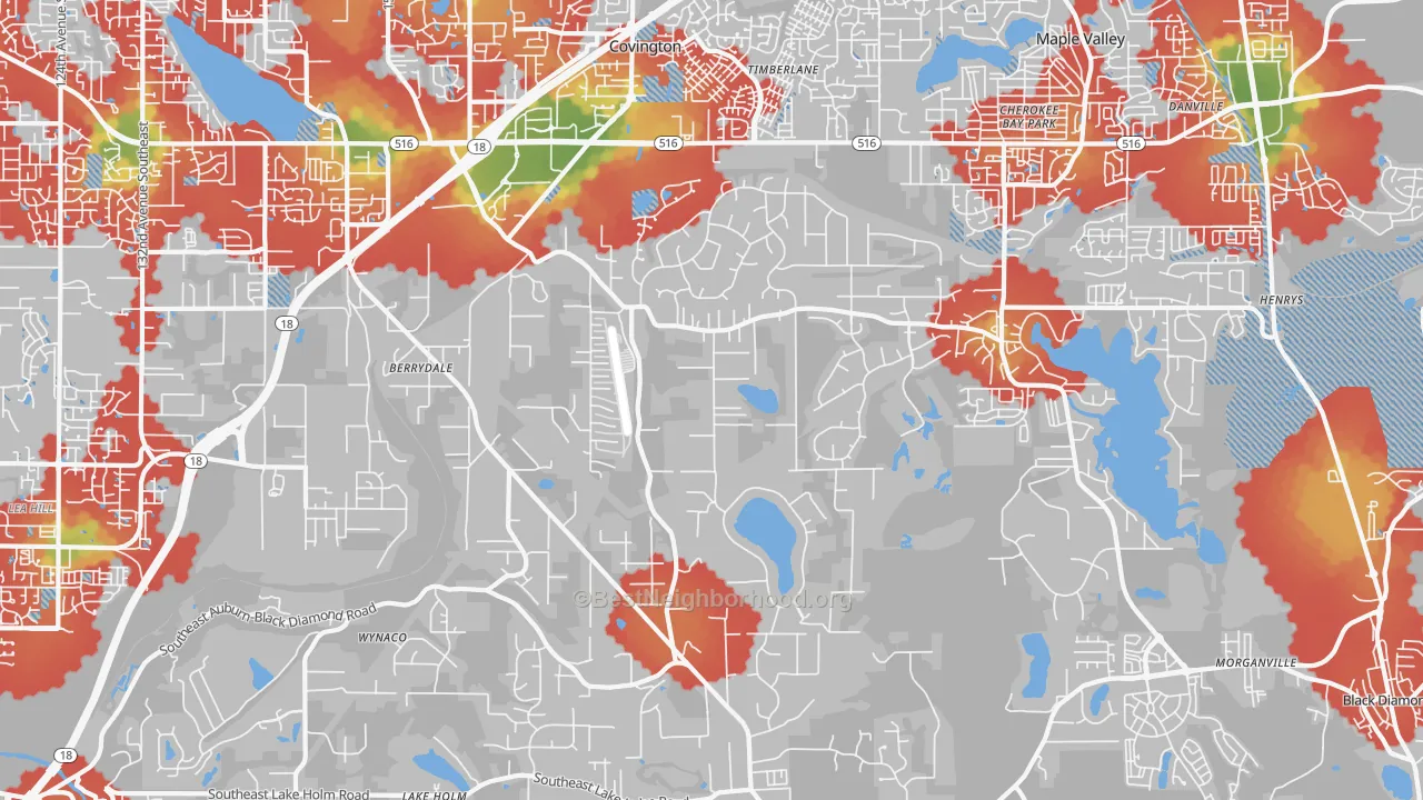 Walk Grade map of Lake Morton-Berrydale, WA, walkable areas in green and car-dependent areas in red