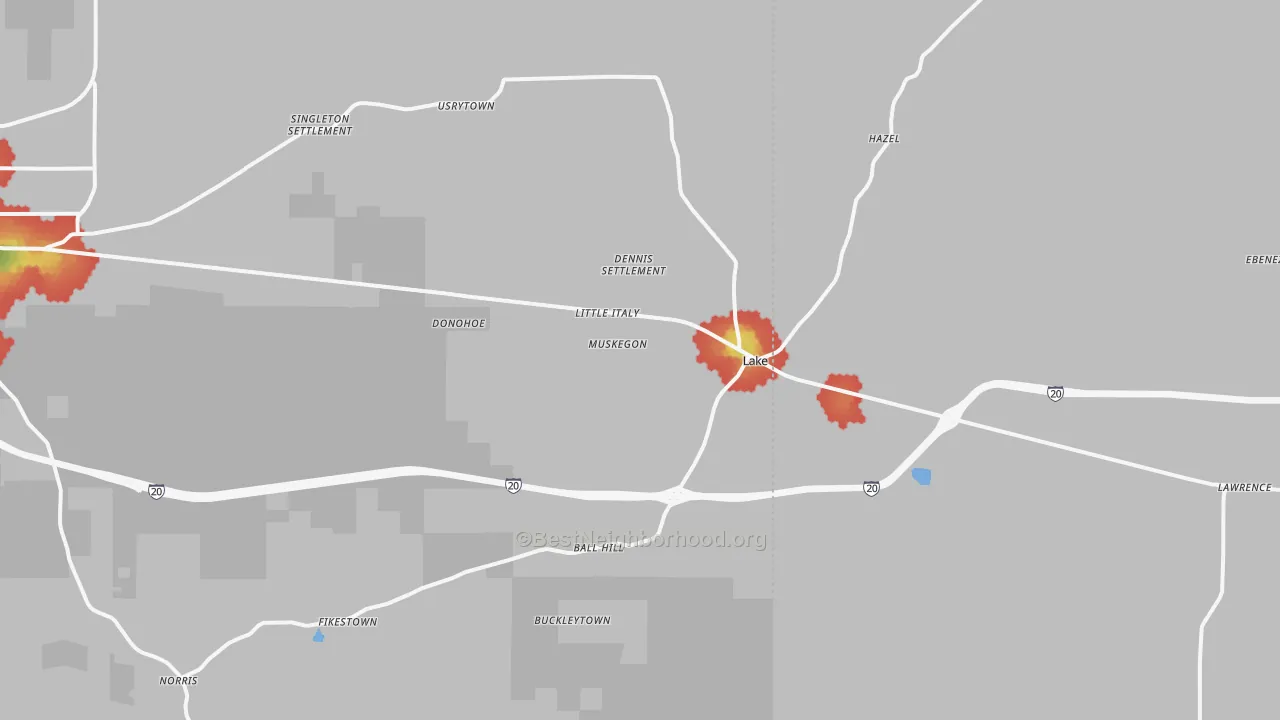 Walk Grade map of Lake, MS, walkable areas in green and car-dependent areas in red
