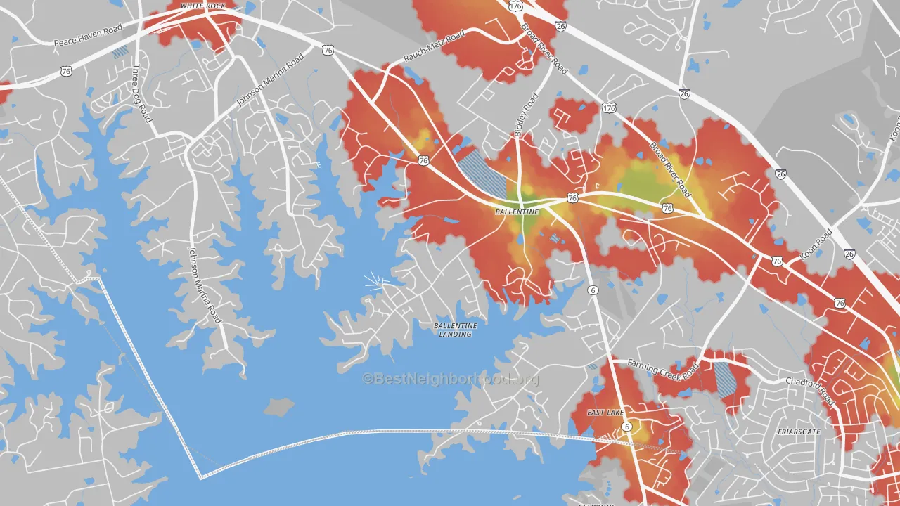 Walk Grade map of Lake Murray of Richland, SC, walkable areas in green and car-dependent areas in red