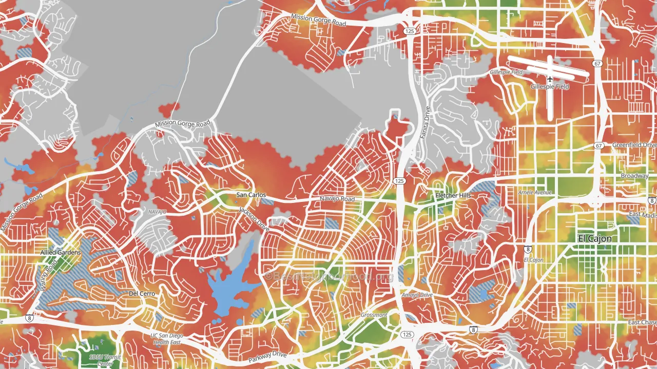 Walk Grade map of Lake Murray, San Diego, CA, walkable areas in green and car-dependent areas in red