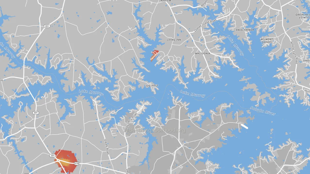 Walk Grade map of Lake Murray Shores, SC, walkable areas in green and car-dependent areas in red