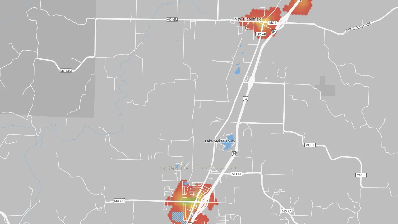 Walk Grade map of Lake Mykee Town, MO, walkable areas in green and car-dependent areas in red