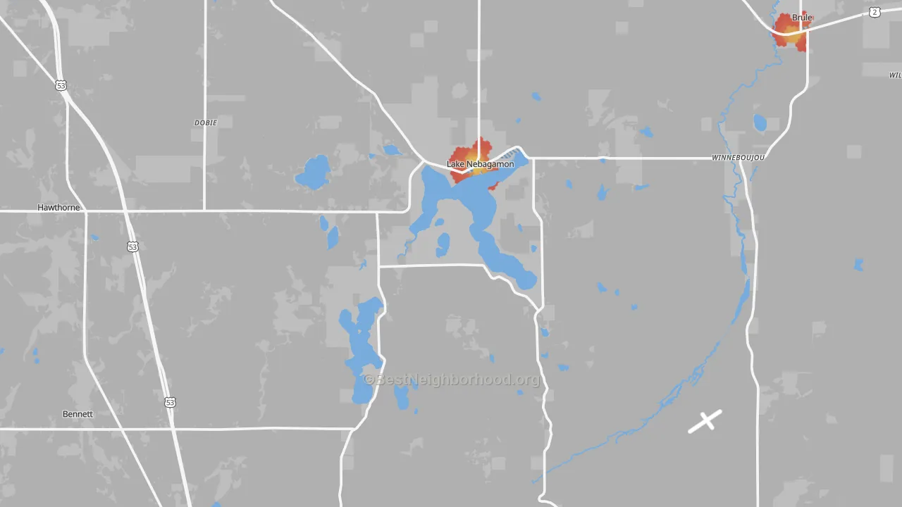 Walk Grade map of Lake Nebagamon, WI, walkable areas in green and car-dependent areas in red