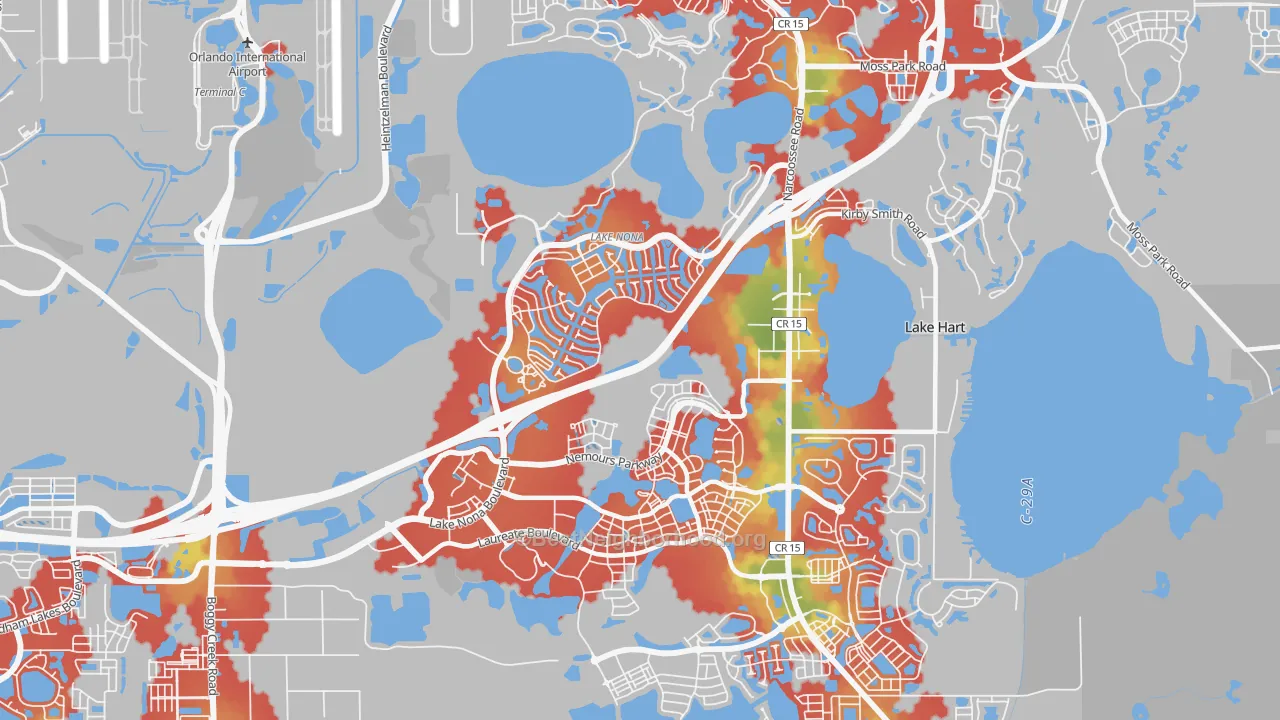 Walk Grade map of Lake Nona, Orlando, FL, walkable areas in green and car-dependent areas in red