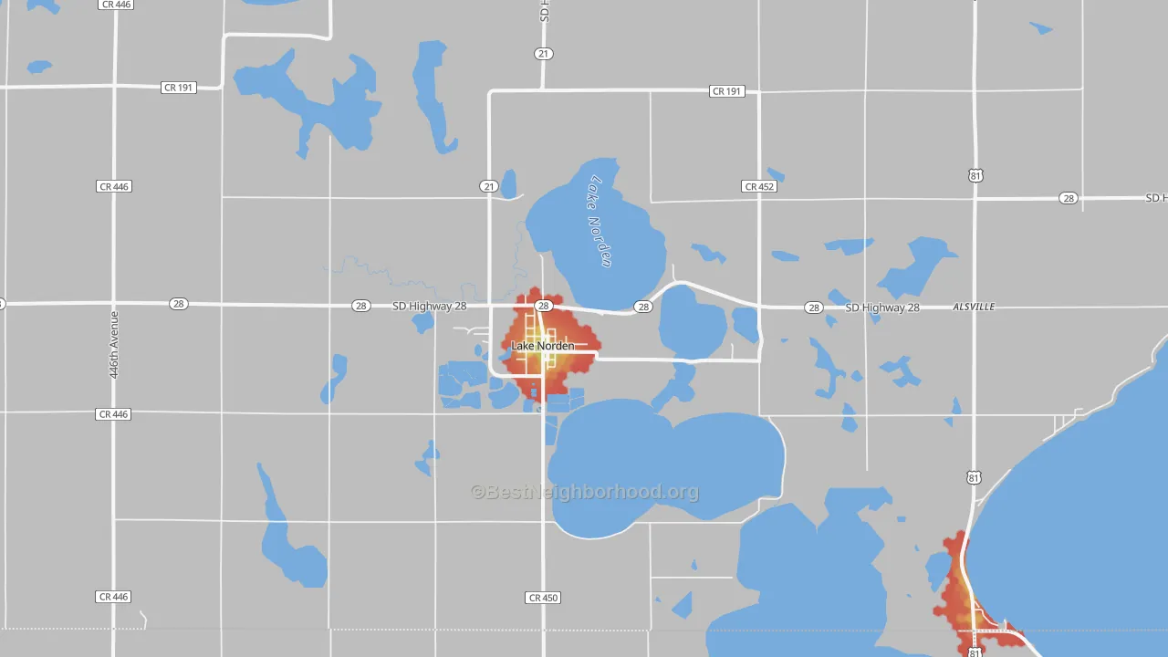 Walk Grade map of Lake Norden, SD, walkable areas in green and car-dependent areas in red