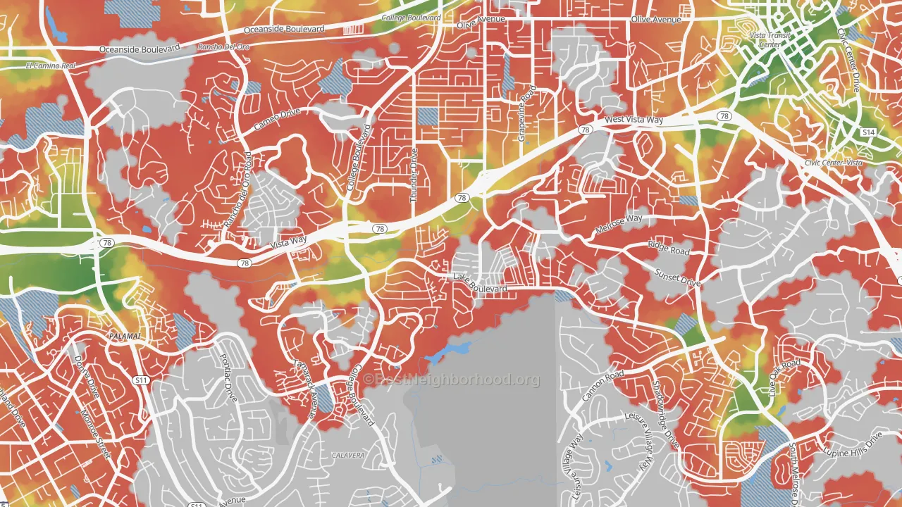 Walk Grade map of Lake, Oceanside, CA, walkable areas in green and car-dependent areas in red