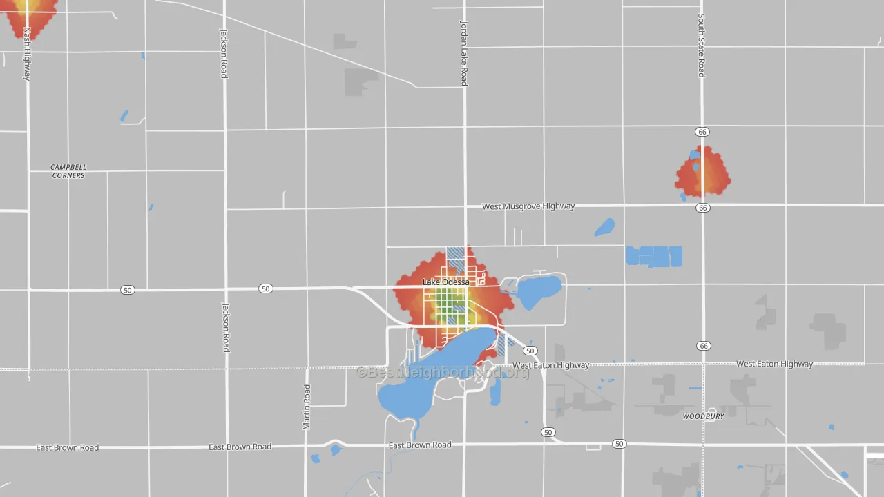 Walk Grade map of Lake Odessa, MI, walkable areas in green and car-dependent areas in red