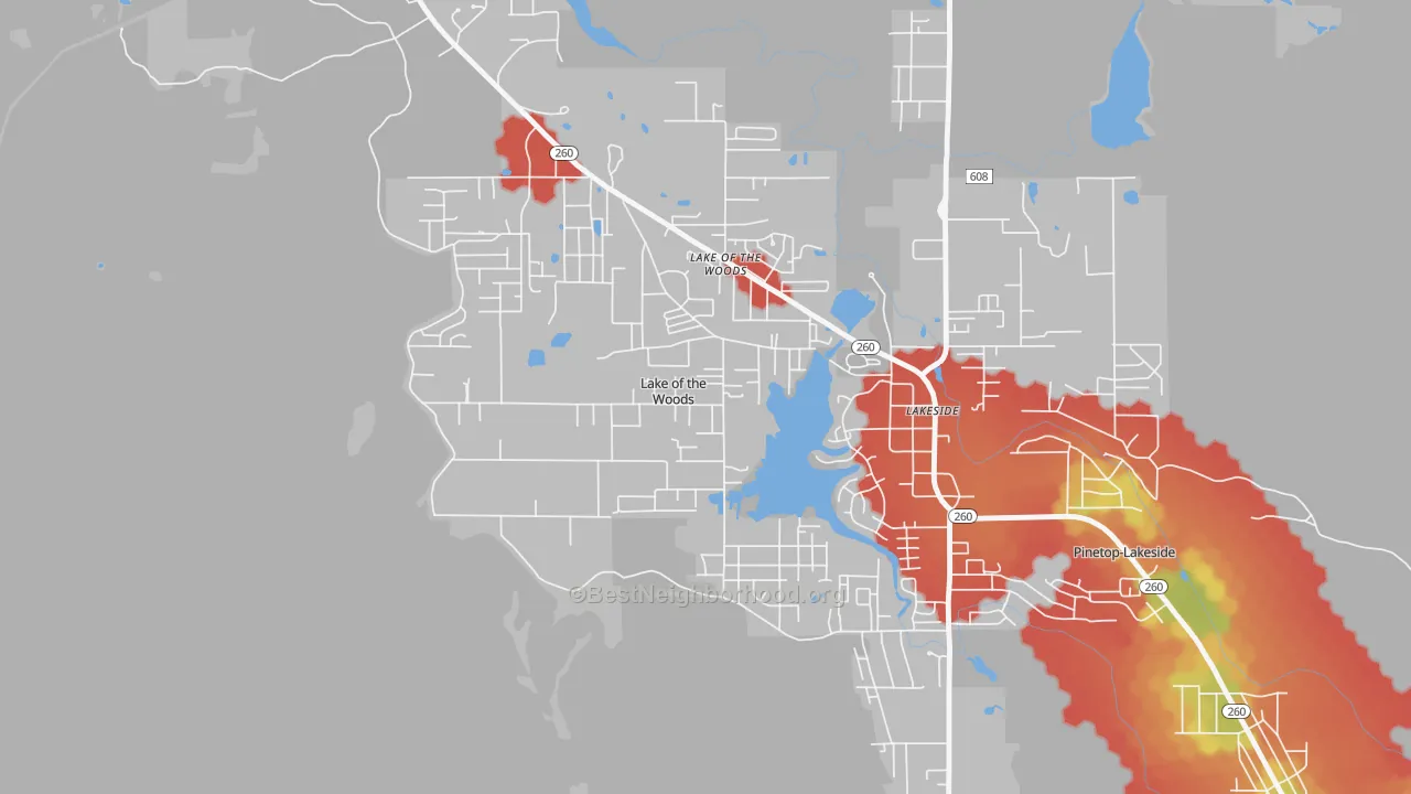 Walk Grade map of Lake of the Woods, AZ, walkable areas in green and car-dependent areas in red