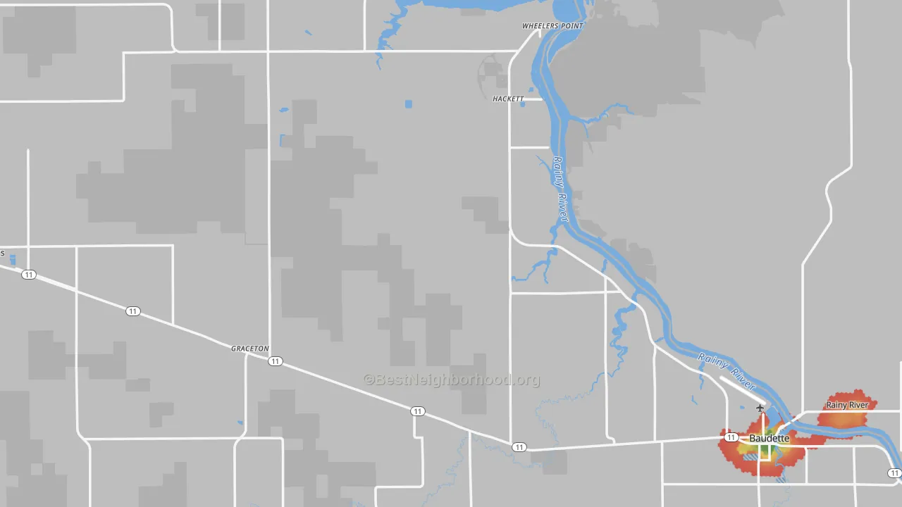 Walk Grade map of Lake of the Woods County, MN, walkable areas in green and car-dependent areas in red