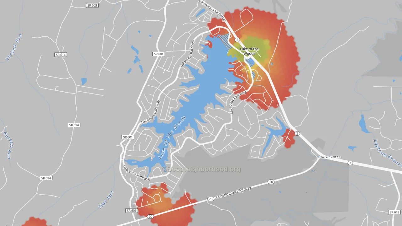 Walk Grade map of Lake of the Woods, VA, walkable areas in green and car-dependent areas in red