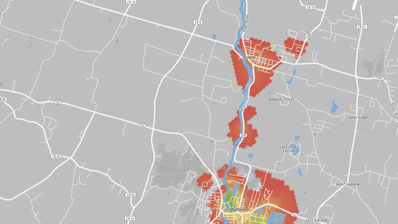 Walk Grade map of Lake Osiris Colony, NY, walkable areas in green and car-dependent areas in red