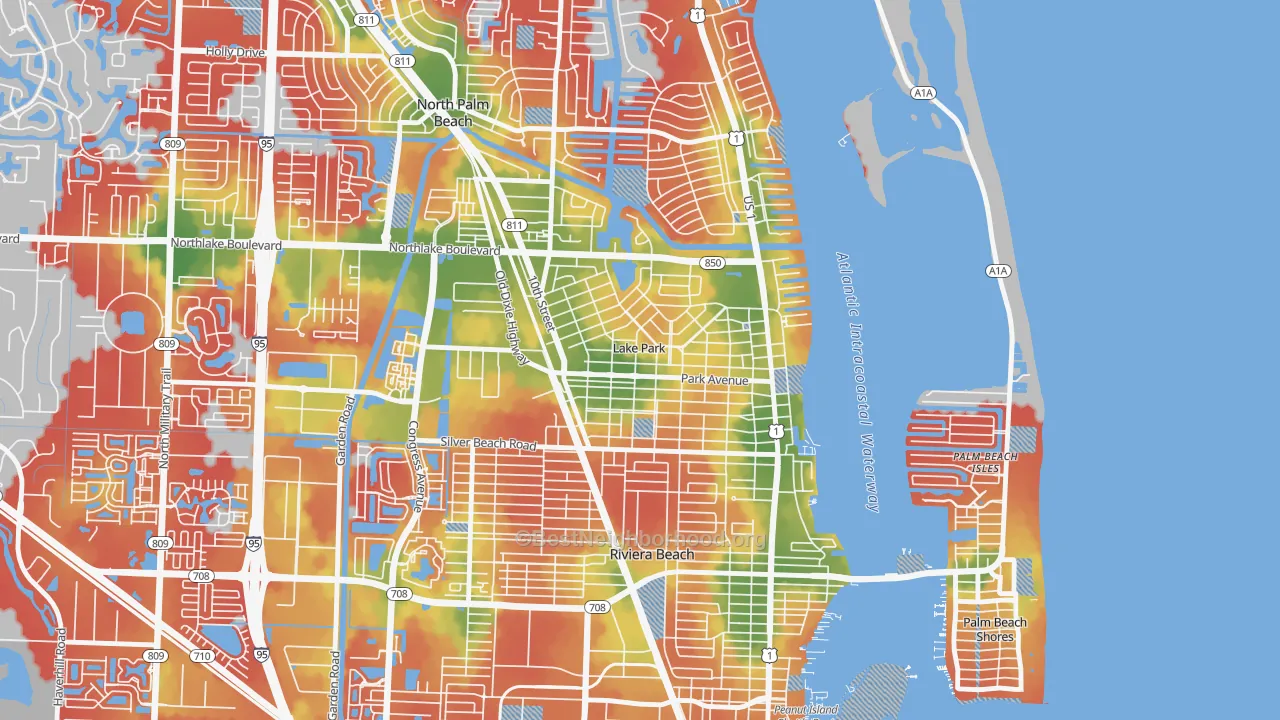 Walk Grade map of Lake Park, FL, walkable areas in green and car-dependent areas in red