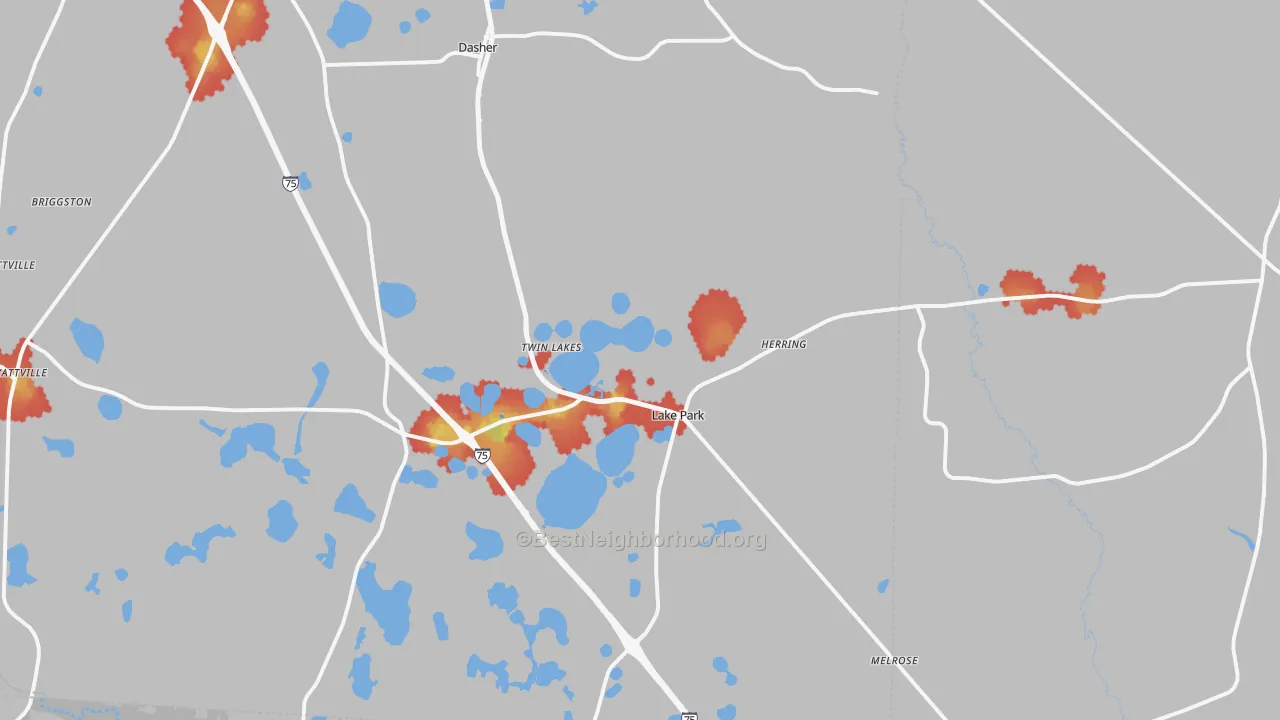 Walk Grade map of Lake Park, GA, walkable areas in green and car-dependent areas in red