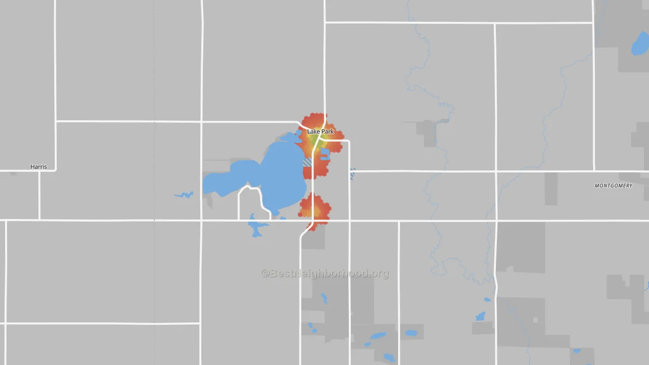 Walk Grade map of Lake Park, IA, walkable areas in green and car-dependent areas in red