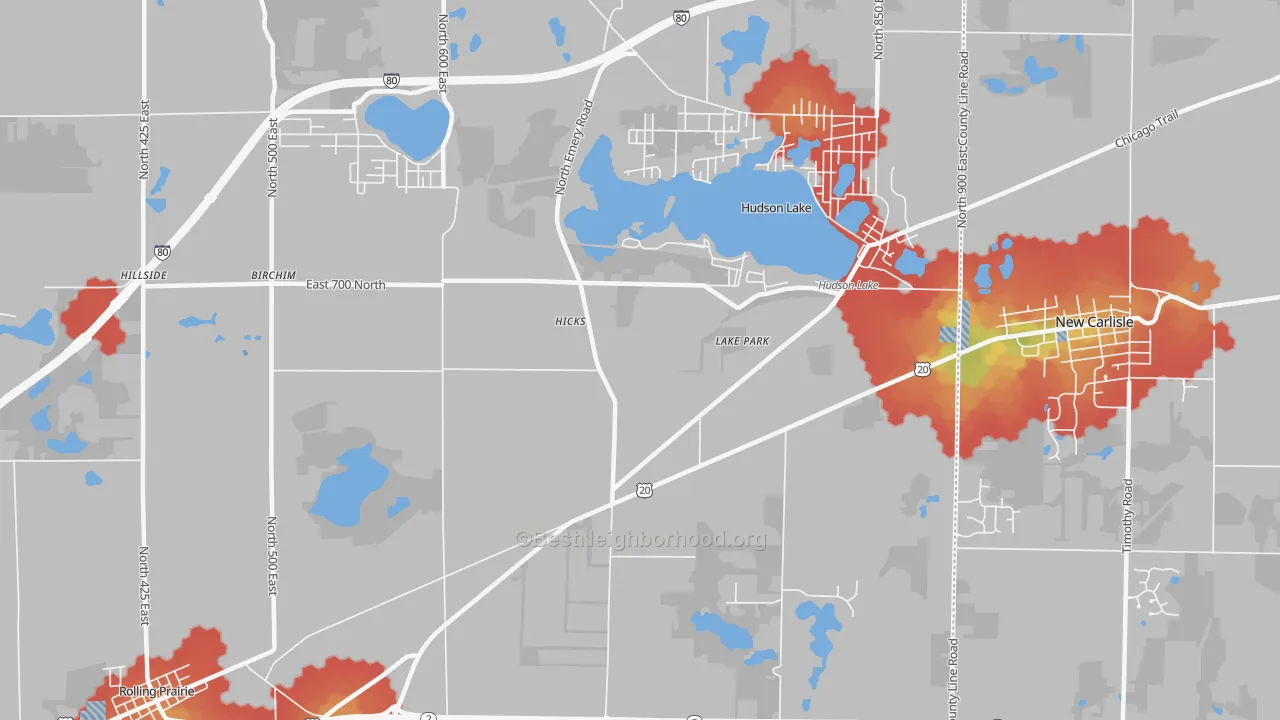 Walk Grade map of Lake Park, IN, walkable areas in green and car-dependent areas in red