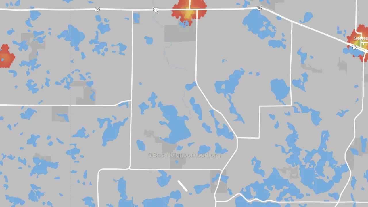 Walk Grade map of Lake Park, MN, walkable areas in green and car-dependent areas in red