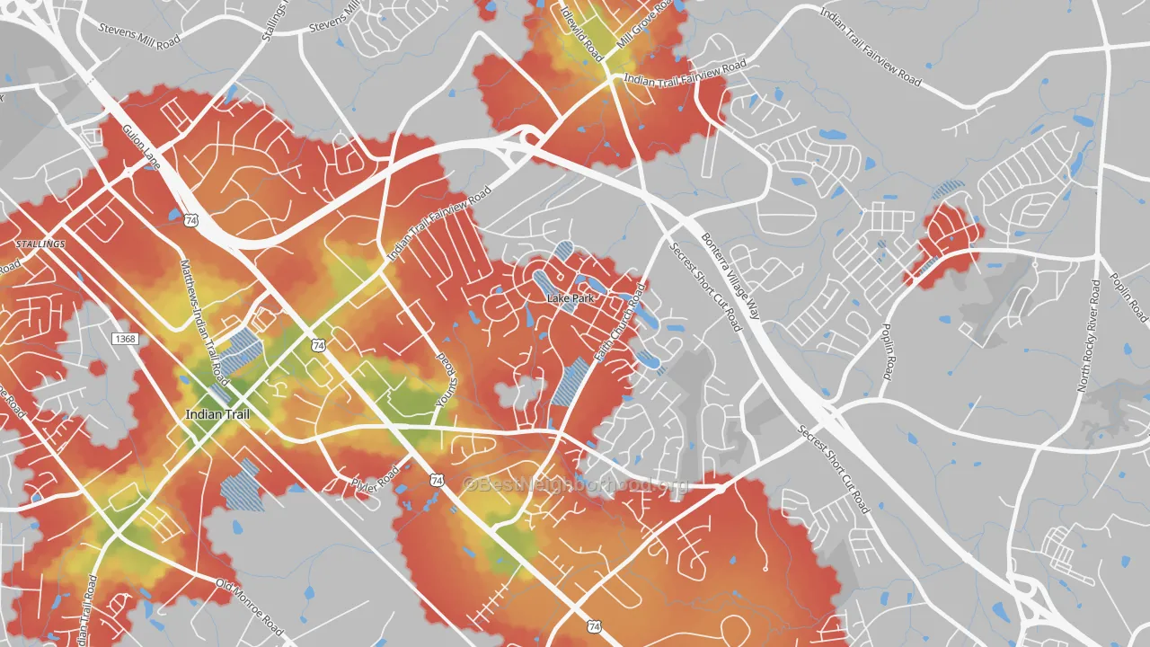 Walk Grade map of Lake Park, NC, walkable areas in green and car-dependent areas in red