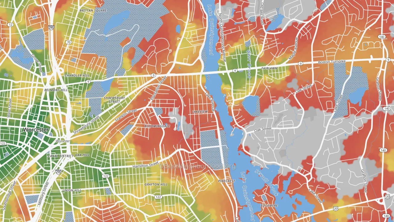 Walk Grade map of Lake Park, Worcester, MA, walkable areas in green and car-dependent areas in red
