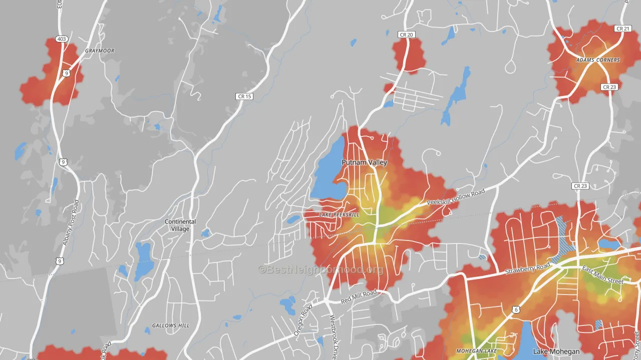 Walk Grade map of Lake Peekskill, NY, walkable areas in green and car-dependent areas in red