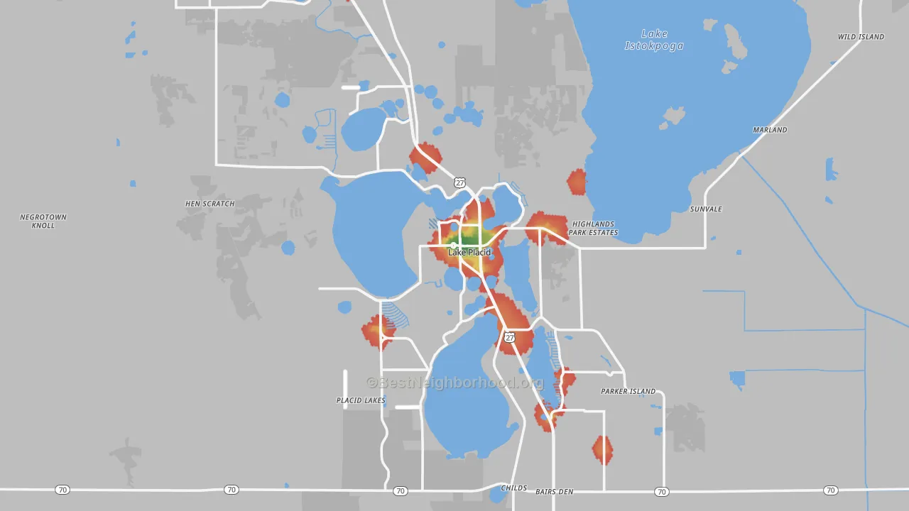 Walk Grade map of Lake Placid, FL, walkable areas in green and car-dependent areas in red