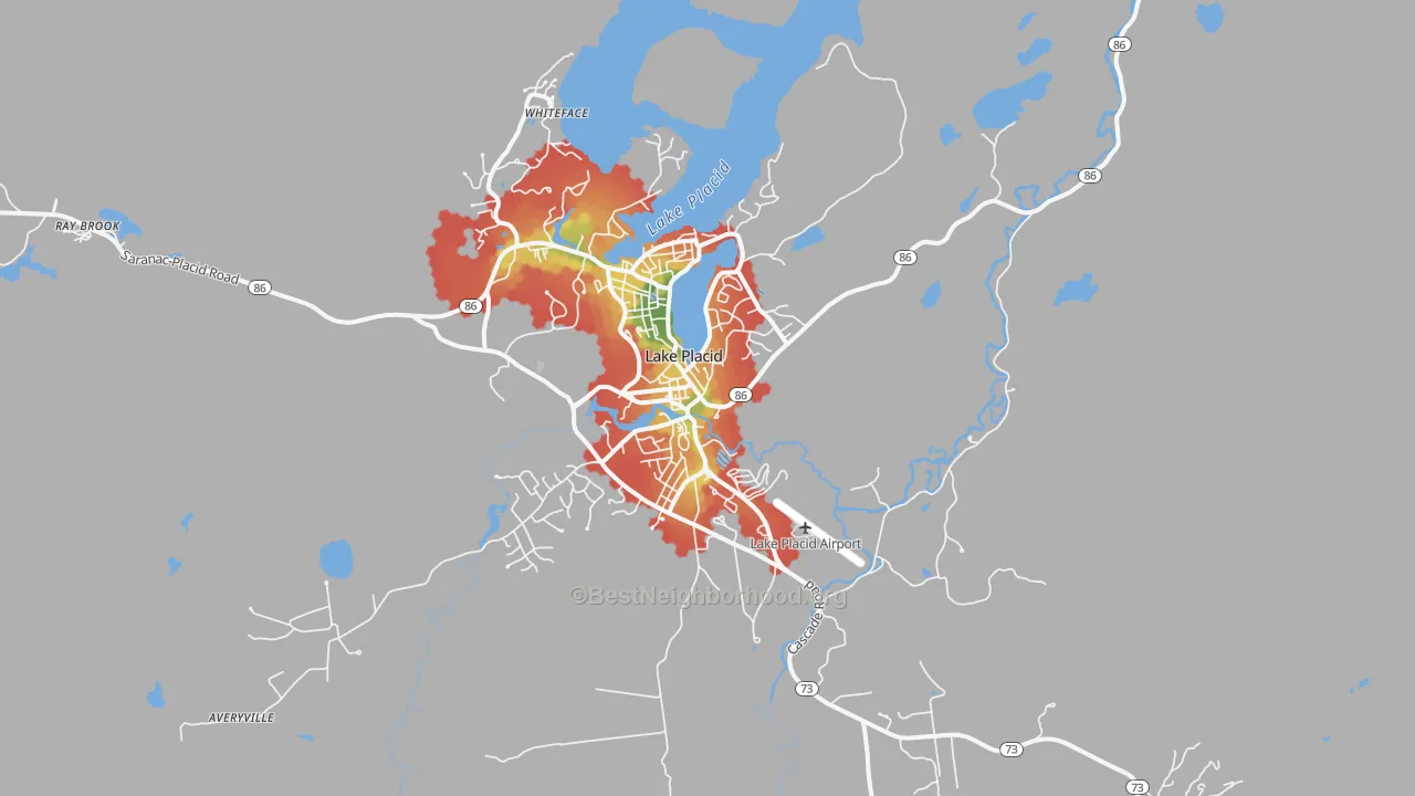 Walk Grade map of Lake Placid, NY, walkable areas in green and car-dependent areas in red