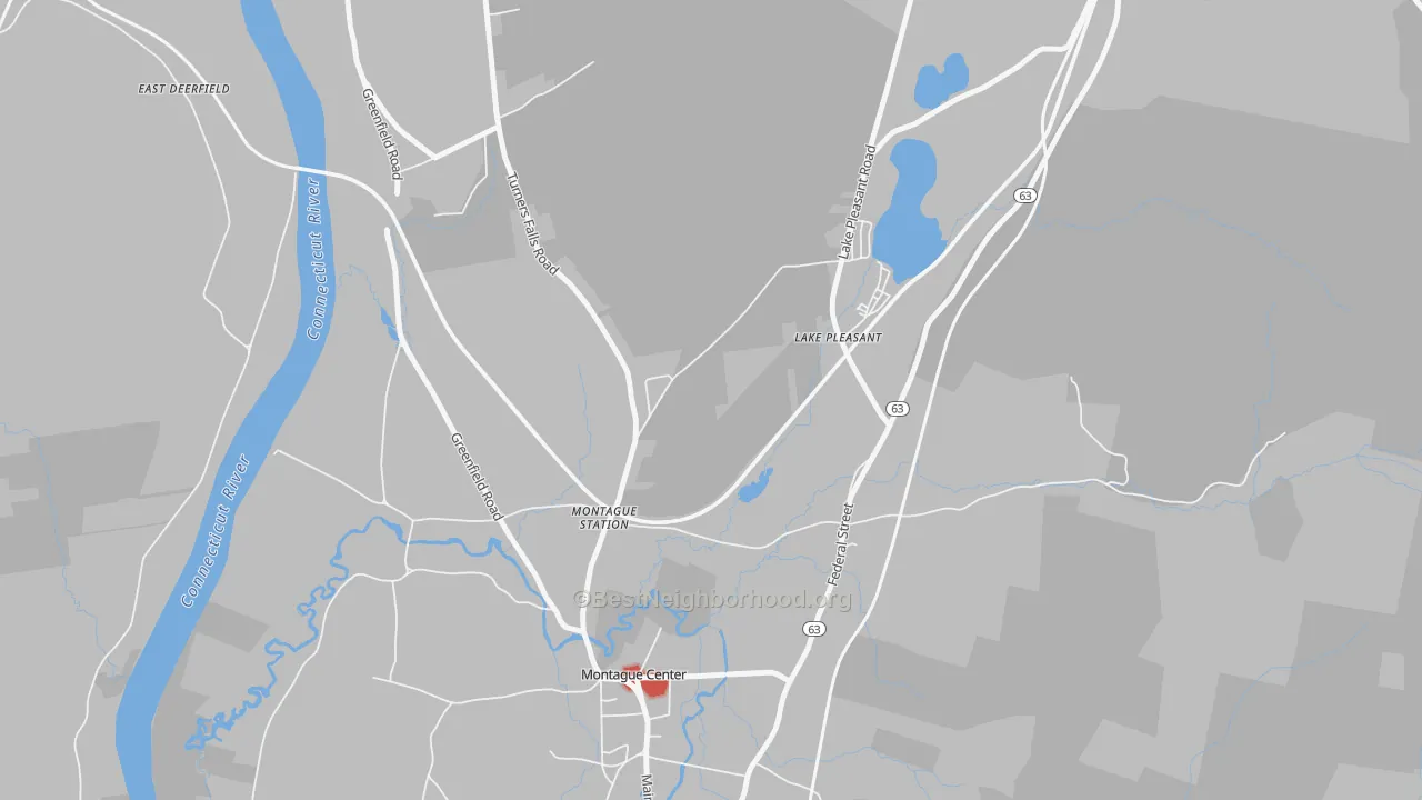 Walk Grade map of Lake Pleasant, MA, walkable areas in green and car-dependent areas in red
