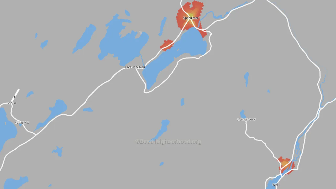 Walk Grade map of Lake Pleasant, NY, walkable areas in green and car-dependent areas in red