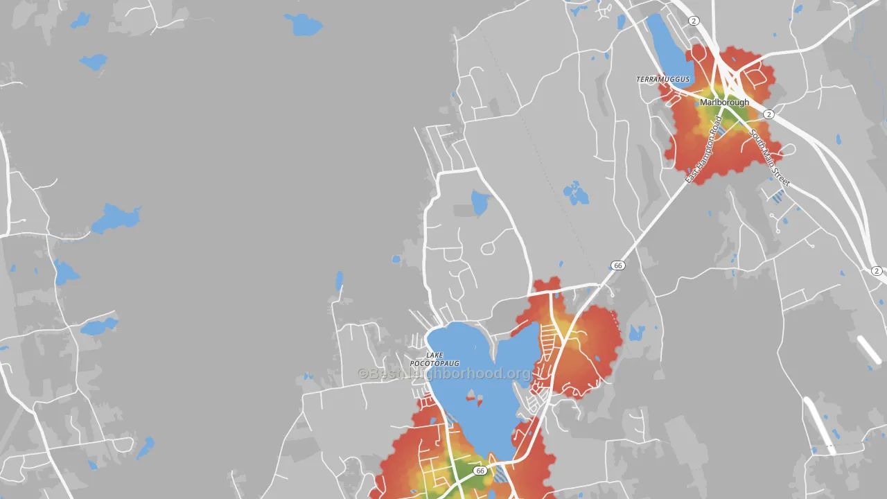 Walk Grade map of Lake Pocotopaug, CT, walkable areas in green and car-dependent areas in red