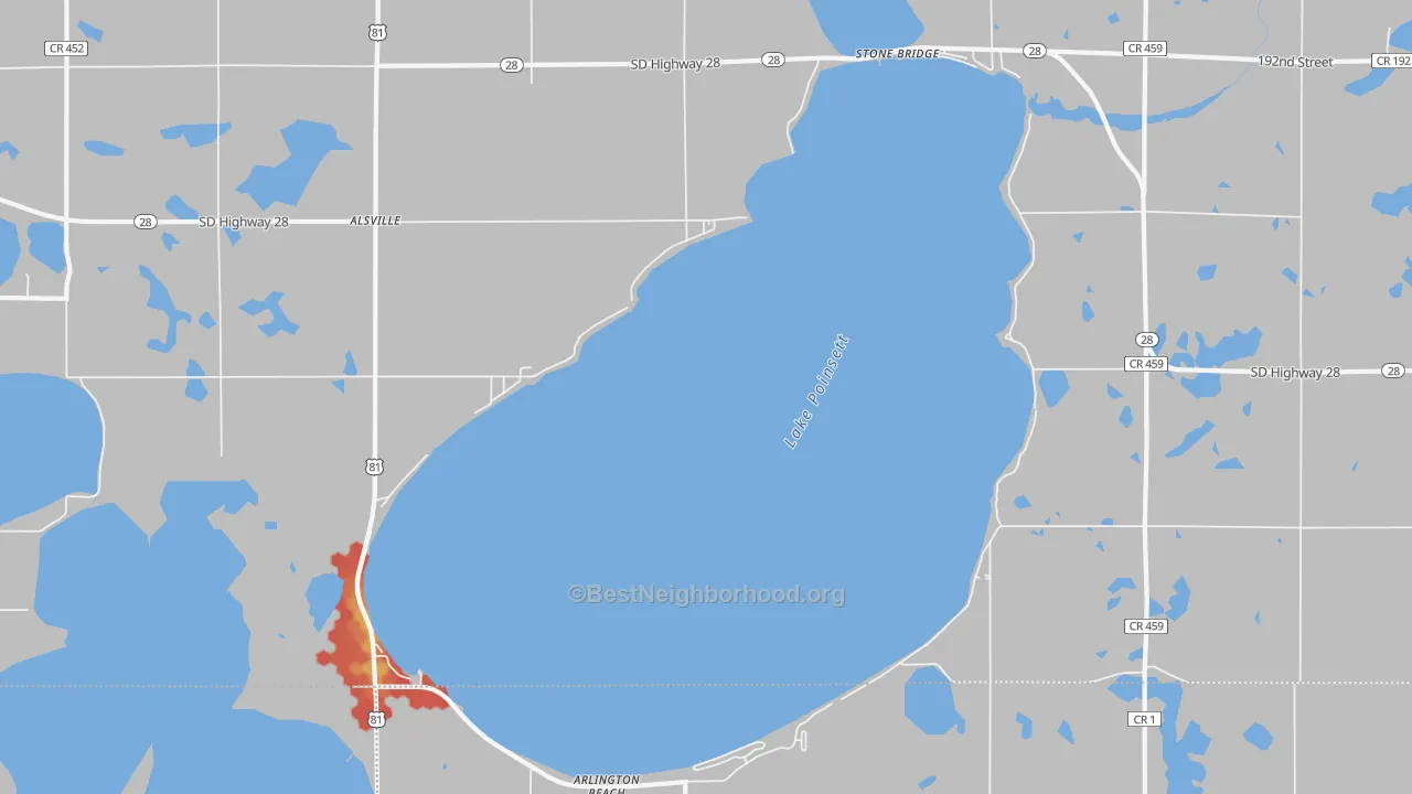 Walk Grade map of Lake Poinsett, SD, walkable areas in green and car-dependent areas in red
