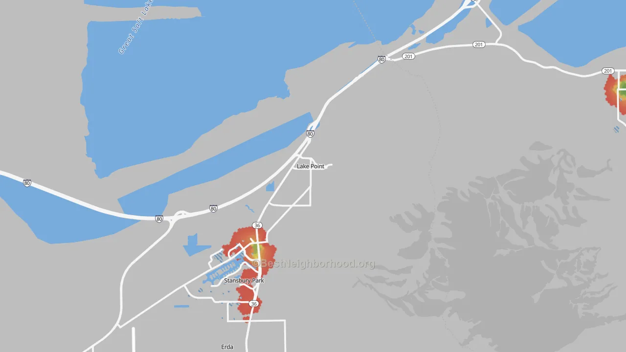 Walk Grade map of Lake Point, UT, walkable areas in green and car-dependent areas in red