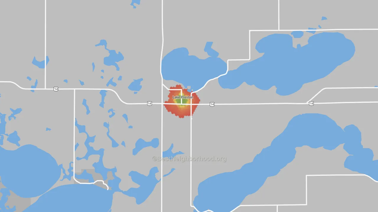 Walk Grade map of Lake Preston, SD, walkable areas in green and car-dependent areas in red