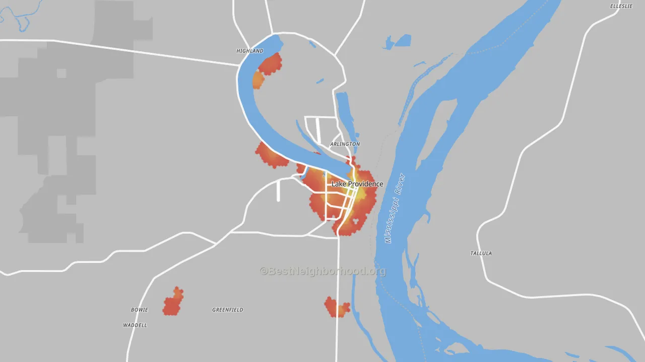 Walk Grade map of Lake Providence, LA, walkable areas in green and car-dependent areas in red