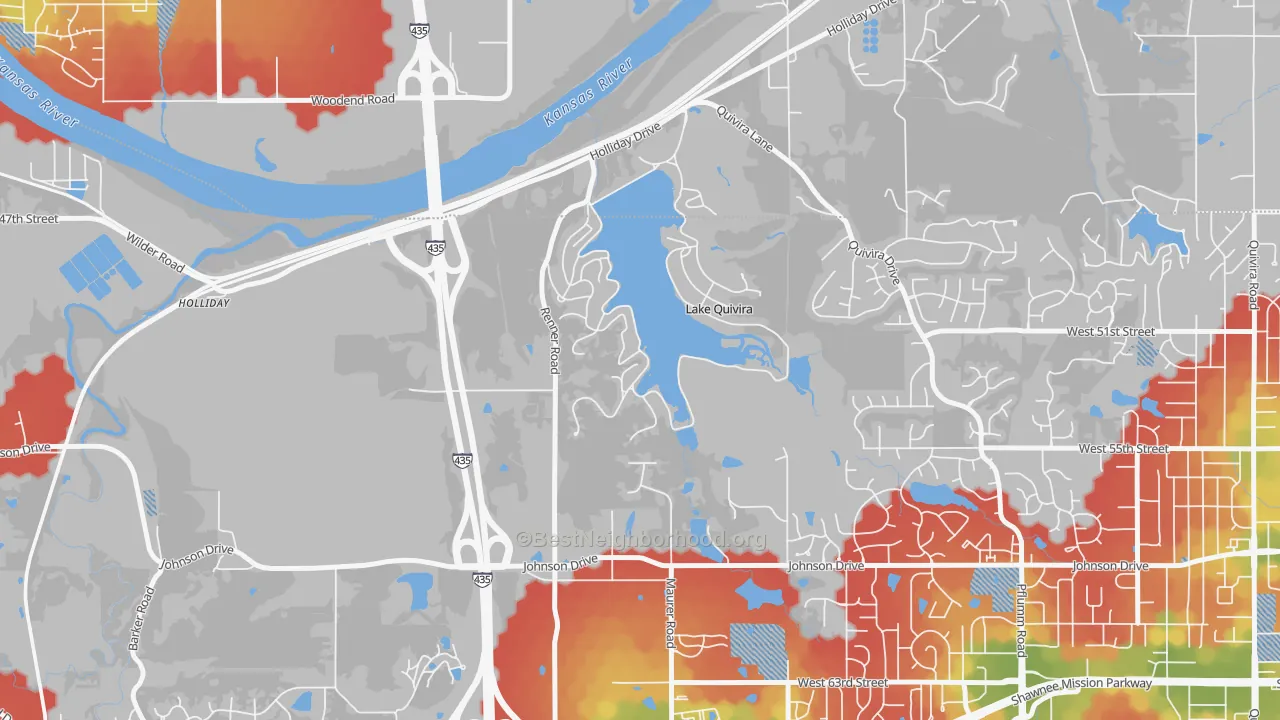 Walk Grade map of Lake Quivira, KS, walkable areas in green and car-dependent areas in red