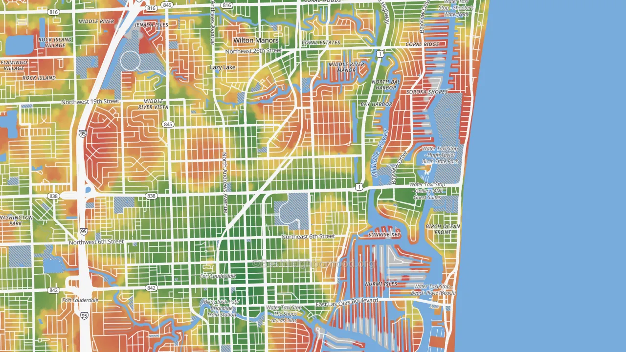 Walk Grade map of Lake Ridge, Fort Lauderdale, FL, walkable areas in green and car-dependent areas in red