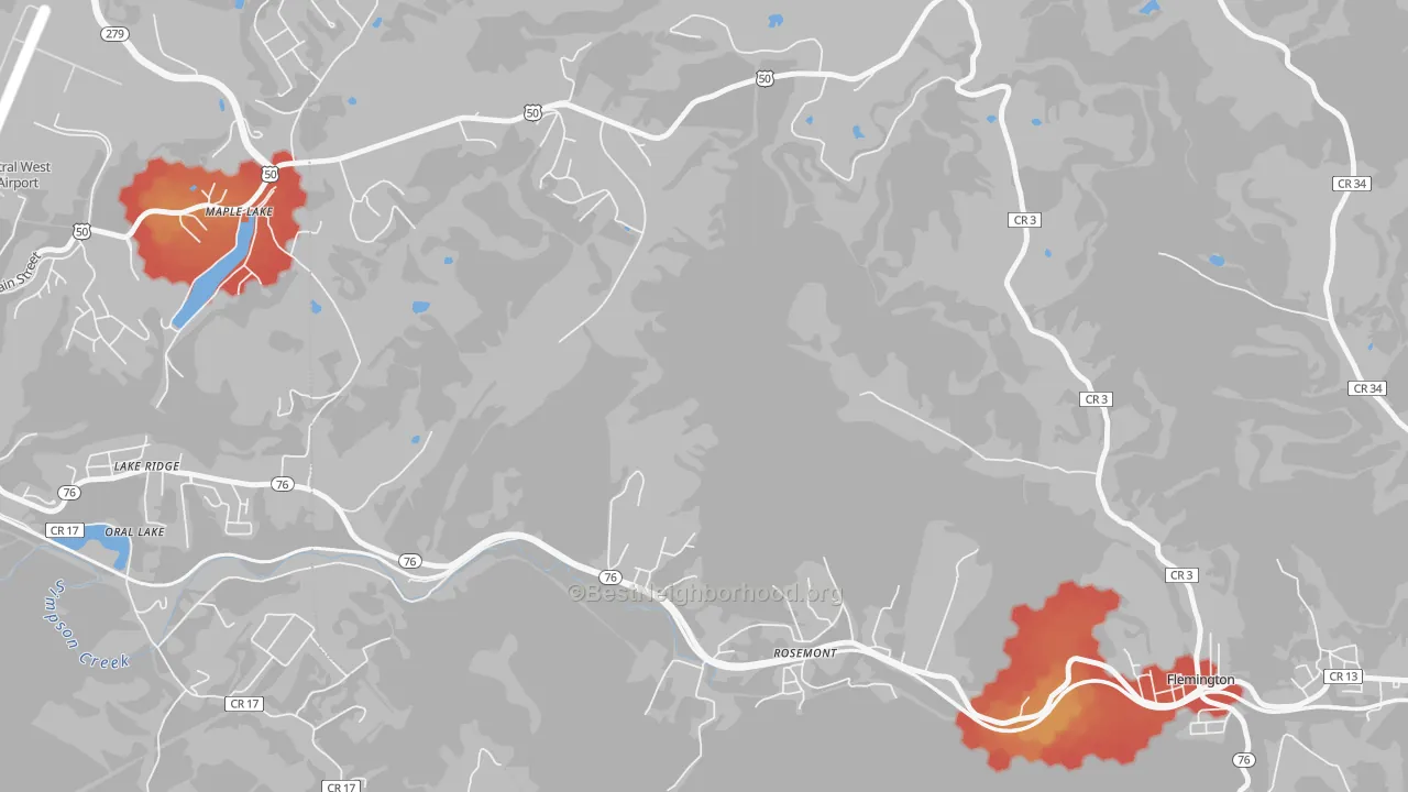 Walk Grade map of Lake Ridge, WV, walkable areas in green and car-dependent areas in red