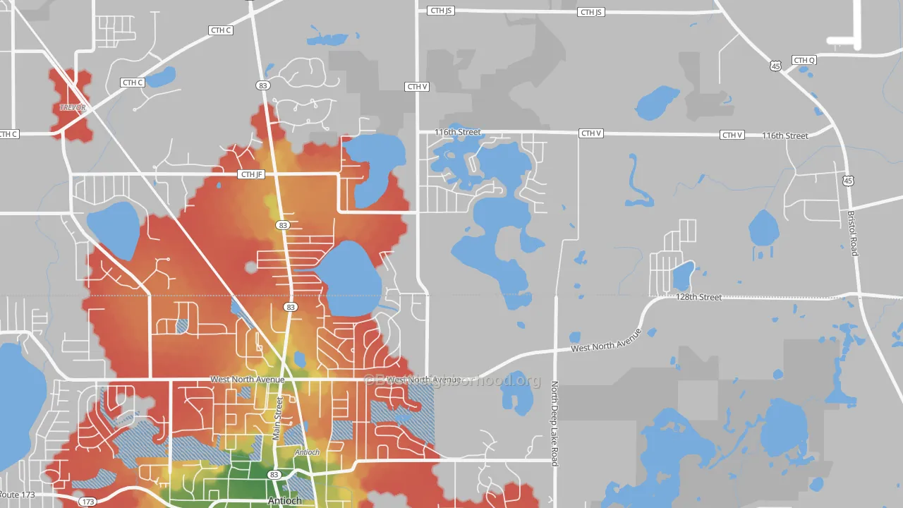 Walk Grade map of Lake Shangrila, WI, walkable areas in green and car-dependent areas in red